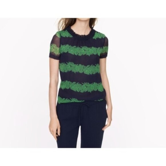 J.Crew Silk Ruffle Blouse Womens Size 12 Top Beanstalk Stripe Navy Green Retro - Picture 1 of 13